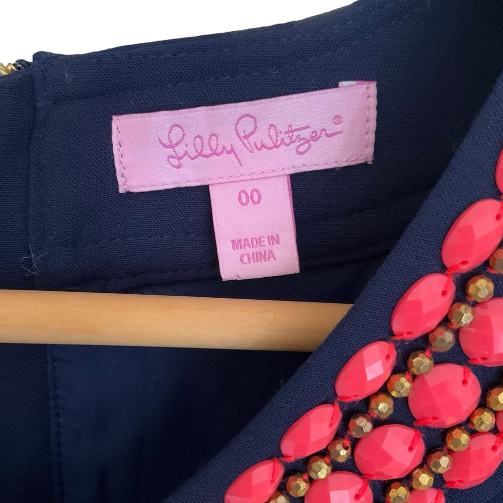 Lilly Pulitzer Bennett Mini Sheath Dress Navy Blue Coral Beaded Jewels - Picture 11 of 16